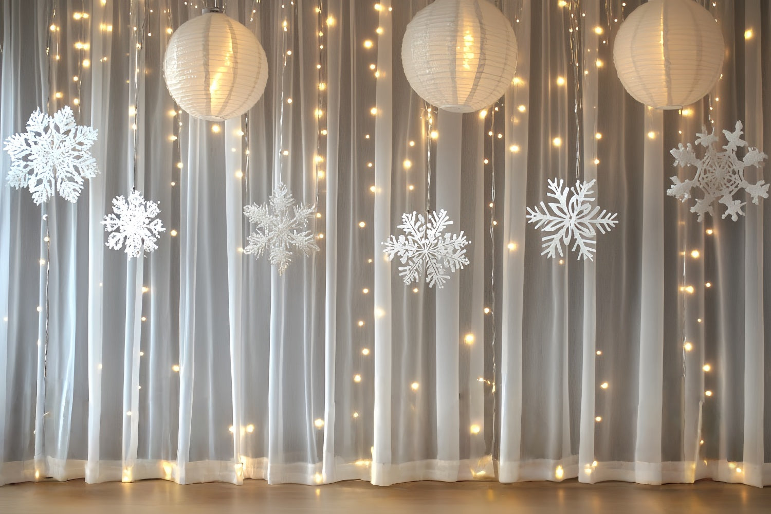 Schneeflocken Backdrop Schneeflocken Laterne Vorhang mit warmen Lichtern Winter Studiohintergrund CSH58-20