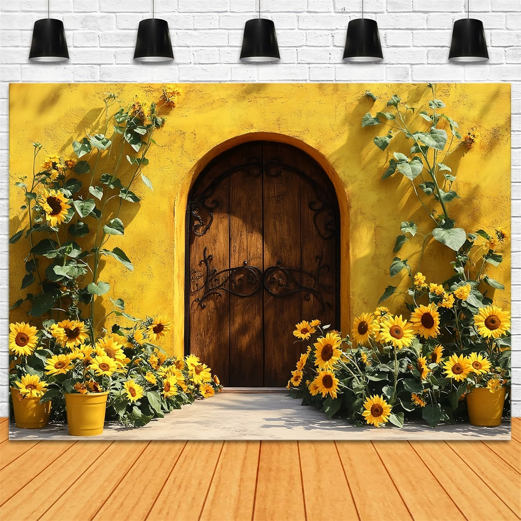 Herbst-Sonnenblumen-Hintergrund Holztür Rustikaler Charme Herbst Studio Hintergrund CSH58-217