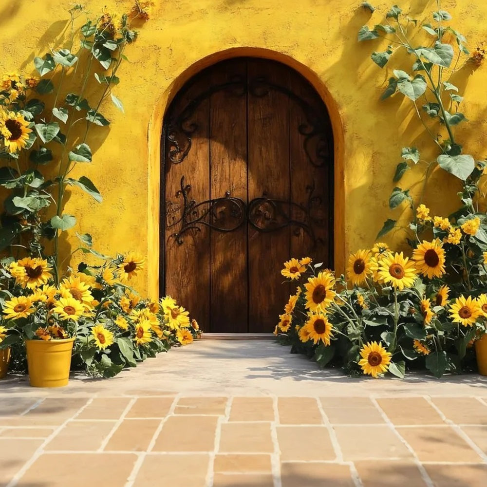 Herbst-Sonnenblumen-Hintergrund Holztür Rustikaler Charme Herbst Studio Hintergrund CSH58-217