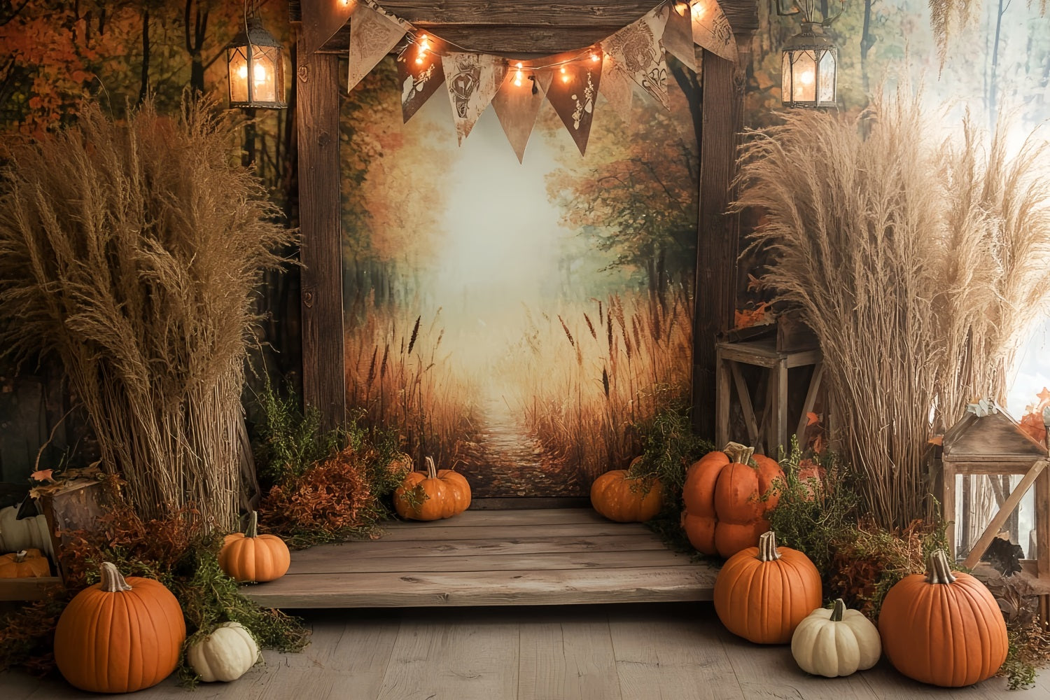 Herbstlicher rustikaler Hintergrund Goldener Weg Herbstkürbisse Herbstfotografie-Hintergründe CSH58-223