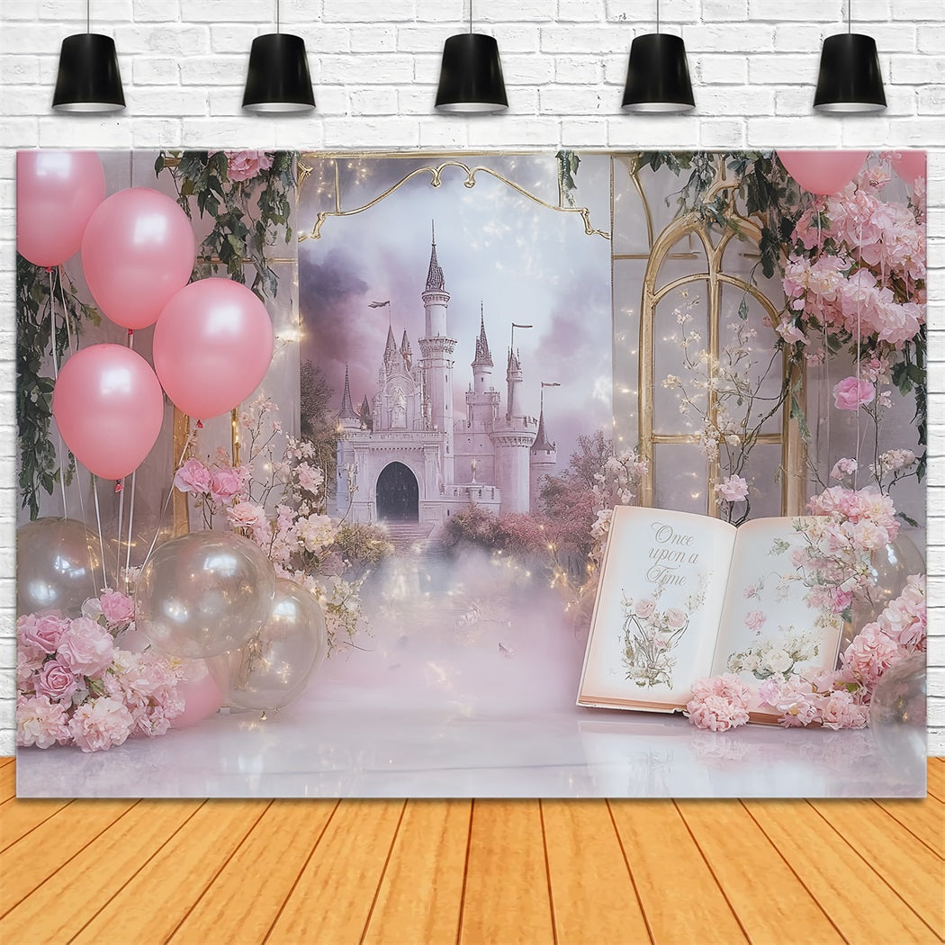 Es war einmal Fotohintergrund Rosa Schloss Ballons Traumbuch Neugeborenenhintergrund CSH58-236