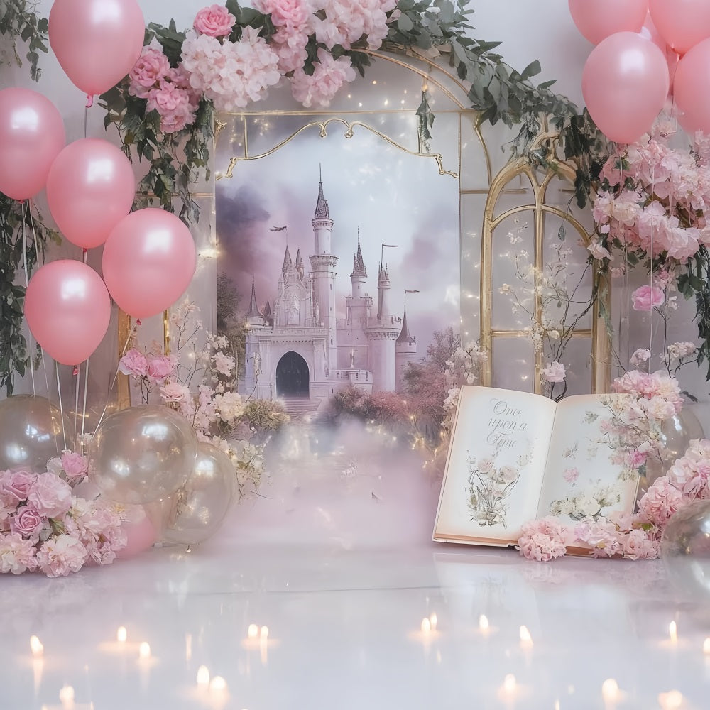 Es war einmal Fotohintergrund Rosa Schloss Ballons Traumbuch Neugeborenenhintergrund CSH58-236
