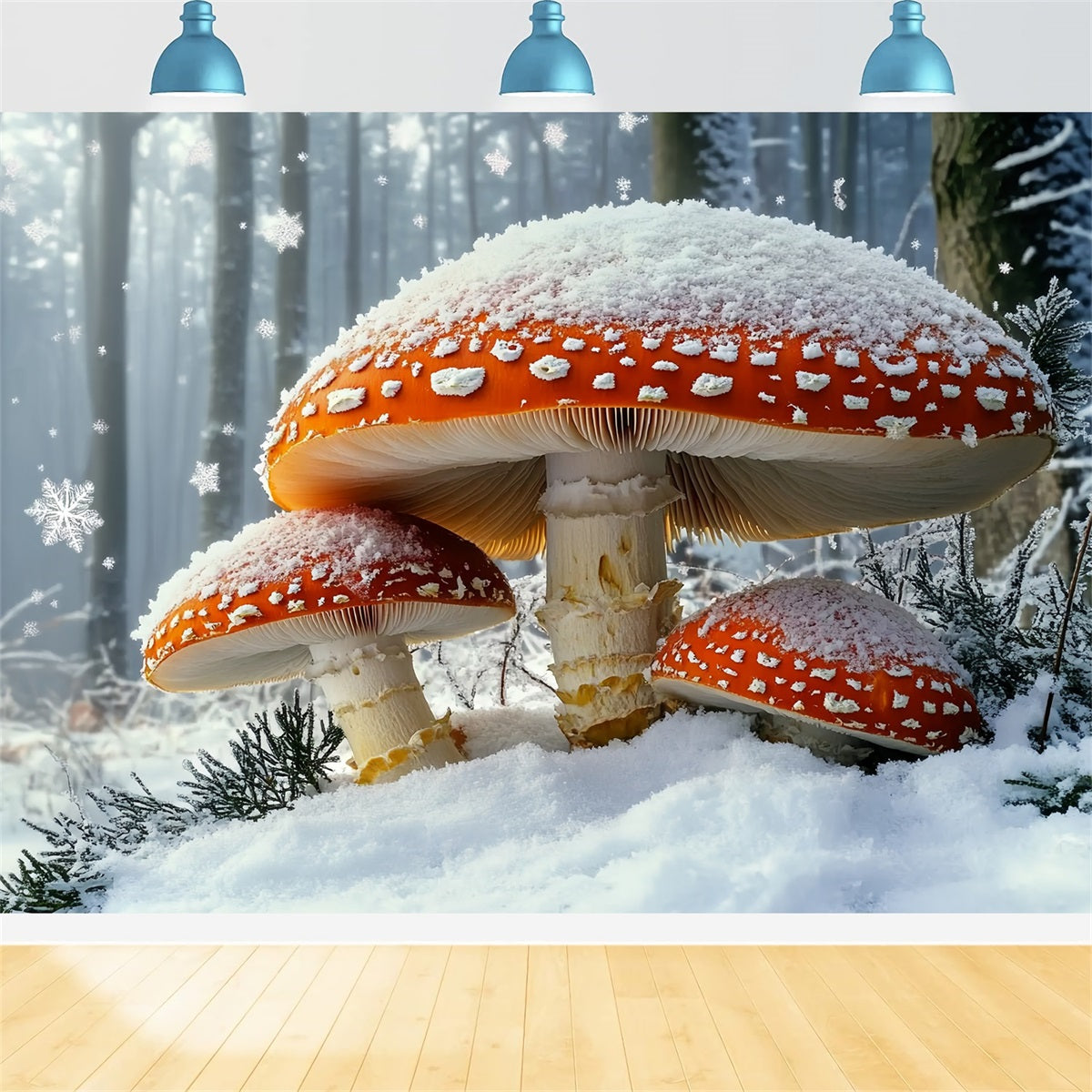 Natur Fotohintergrund Winter Märchen Schneefall Riesiger roter Pilz Winter Fotokulissen CSH58-43