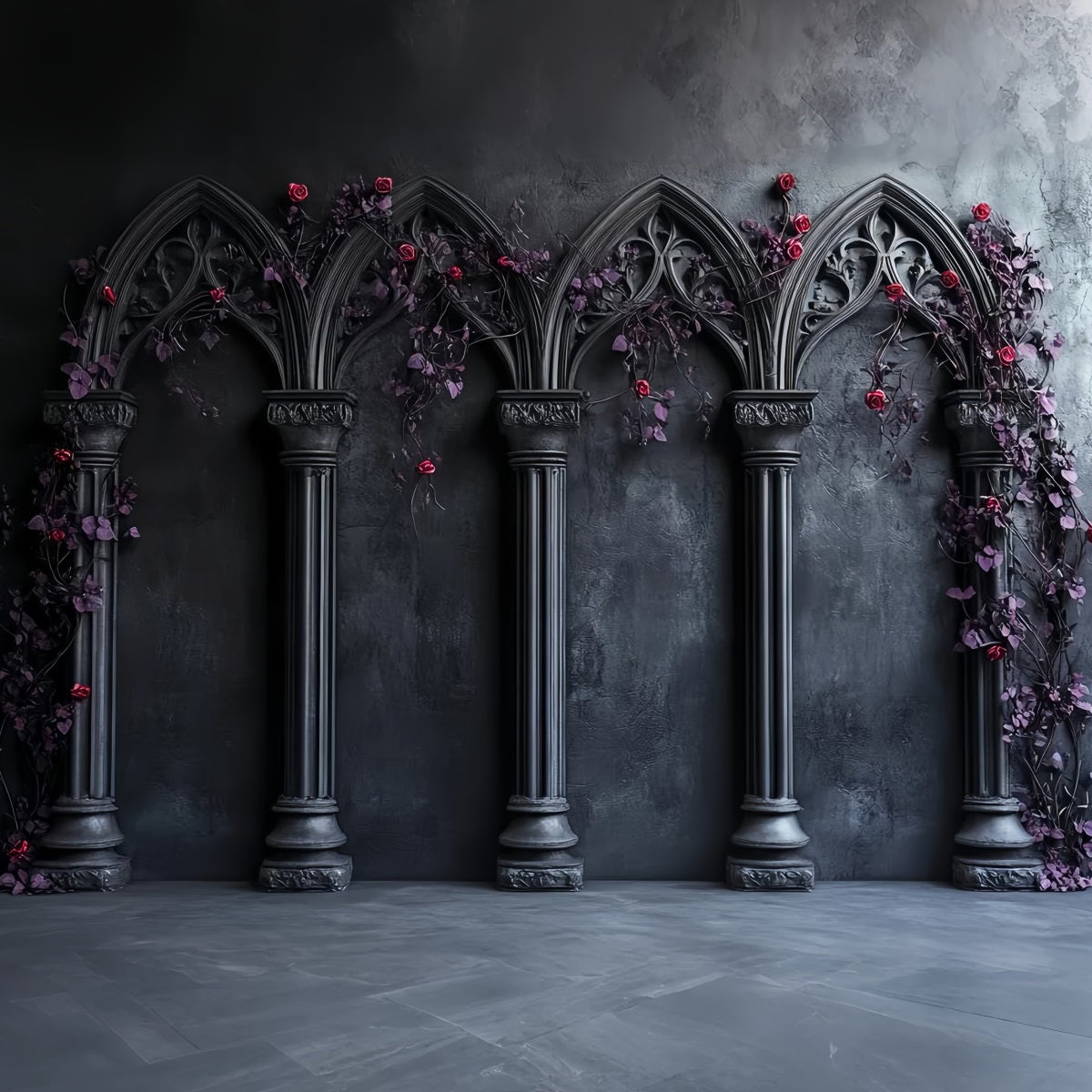 Gothic Backdrop Gotische Bögen Karminrote Rosen Halloween Studio Hintergrund CSH58-50