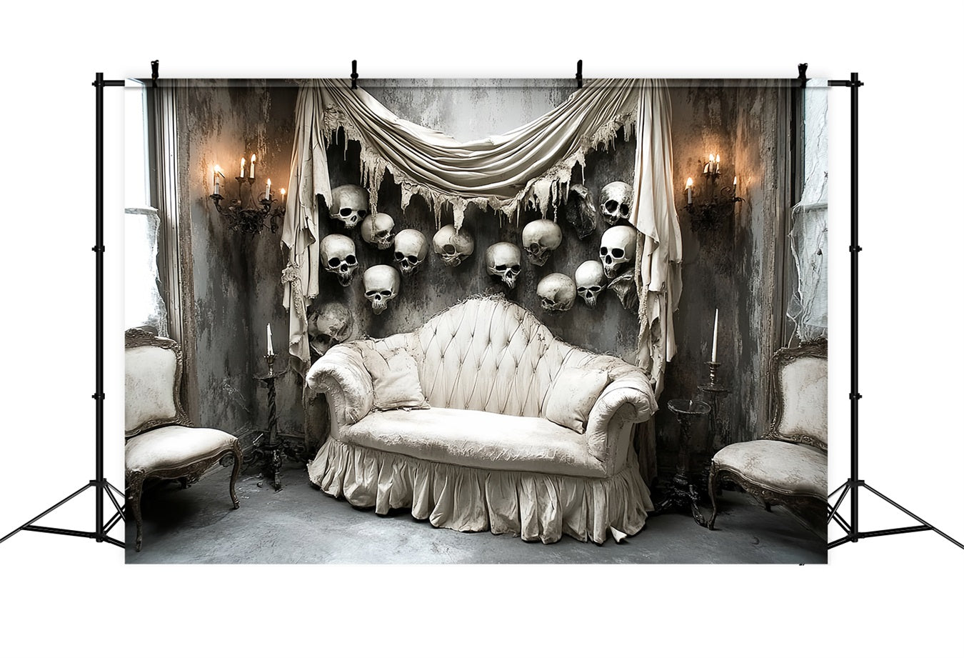 Spooky Backdrop Viktorianisches Sofa Totenkopf Wand Halloween Fotografie Fotohintergrund CSH58-57
