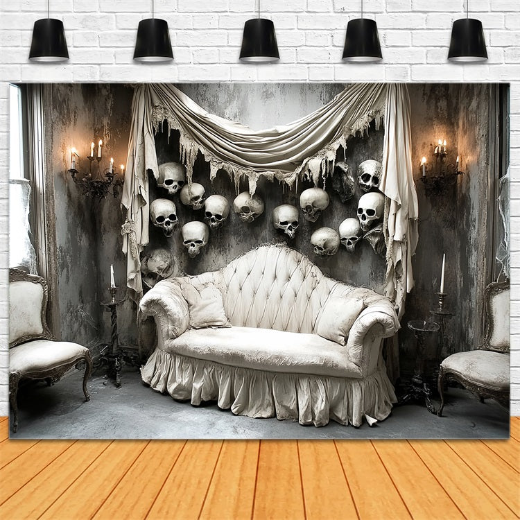 Spooky Backdrop Viktorianisches Sofa Totenkopf Wand Halloween Fotografie Fotohintergrund CSH58-57