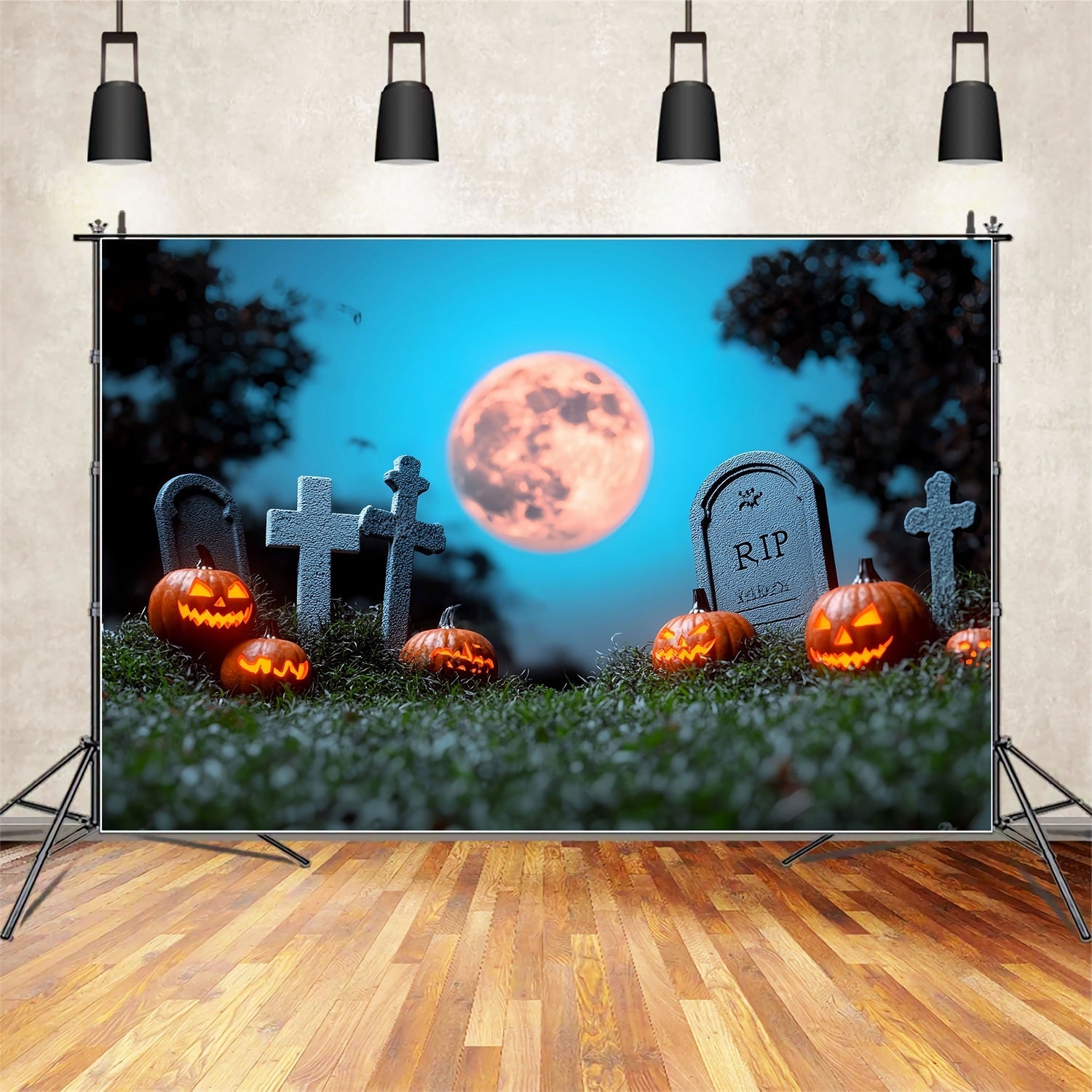 MondFotohintergrund Friedhofskürbisse Vollmond Halloween Fotokulisse CSH58-69