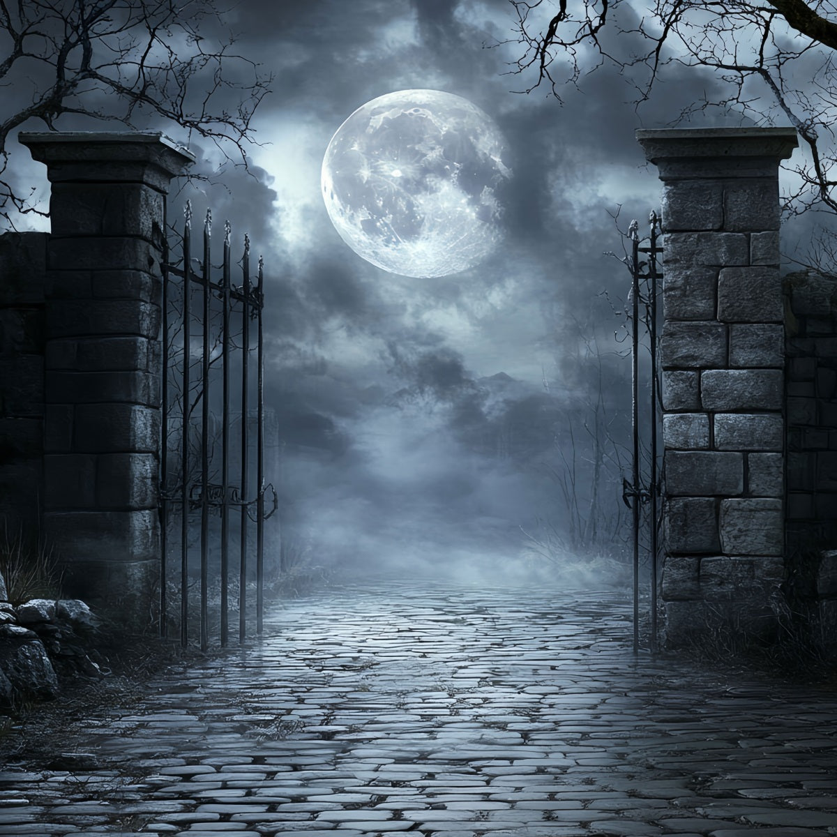 MondFotohintergrund Mondschein Friedhof Eisernes Tor Halloween Fotostand Fotohintergrund CSH58-71