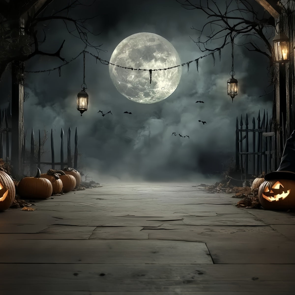 MondFotohintergrund Kürbislaterne mondbeschienener Pfad Halloween-Fotohintergrundideen CSH58-72