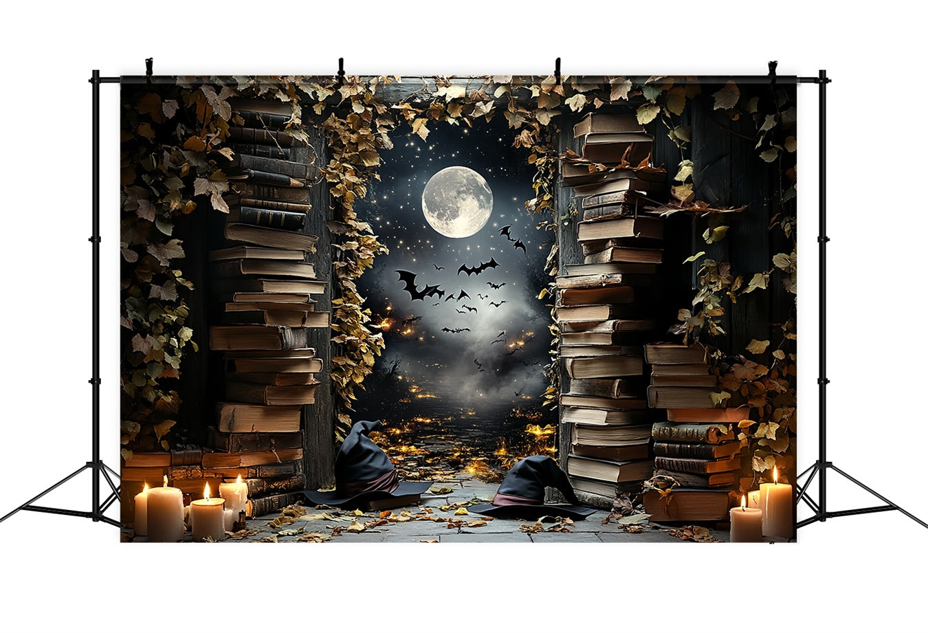 Nachthimmel Backdrop Hexenbibliothek mondbeschienene Fledermäuse Halloween Backdrop Ideen CSH58-84