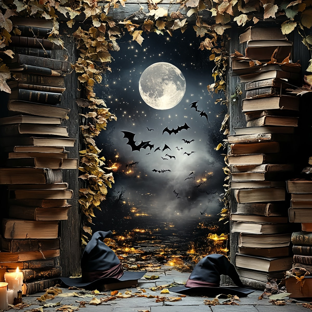 Nachthimmel Backdrop Hexenbibliothek mondbeschienene Fledermäuse Halloween Backdrop Ideen CSH58-84