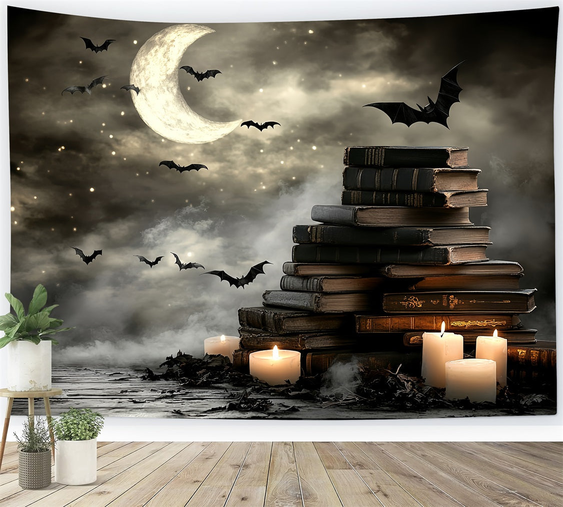Nachthimmel-Fotohintergrund Mondsichel Fledermäuse Bücher Kerzen Halloween-Fotohintergrundbilder CSH58-86