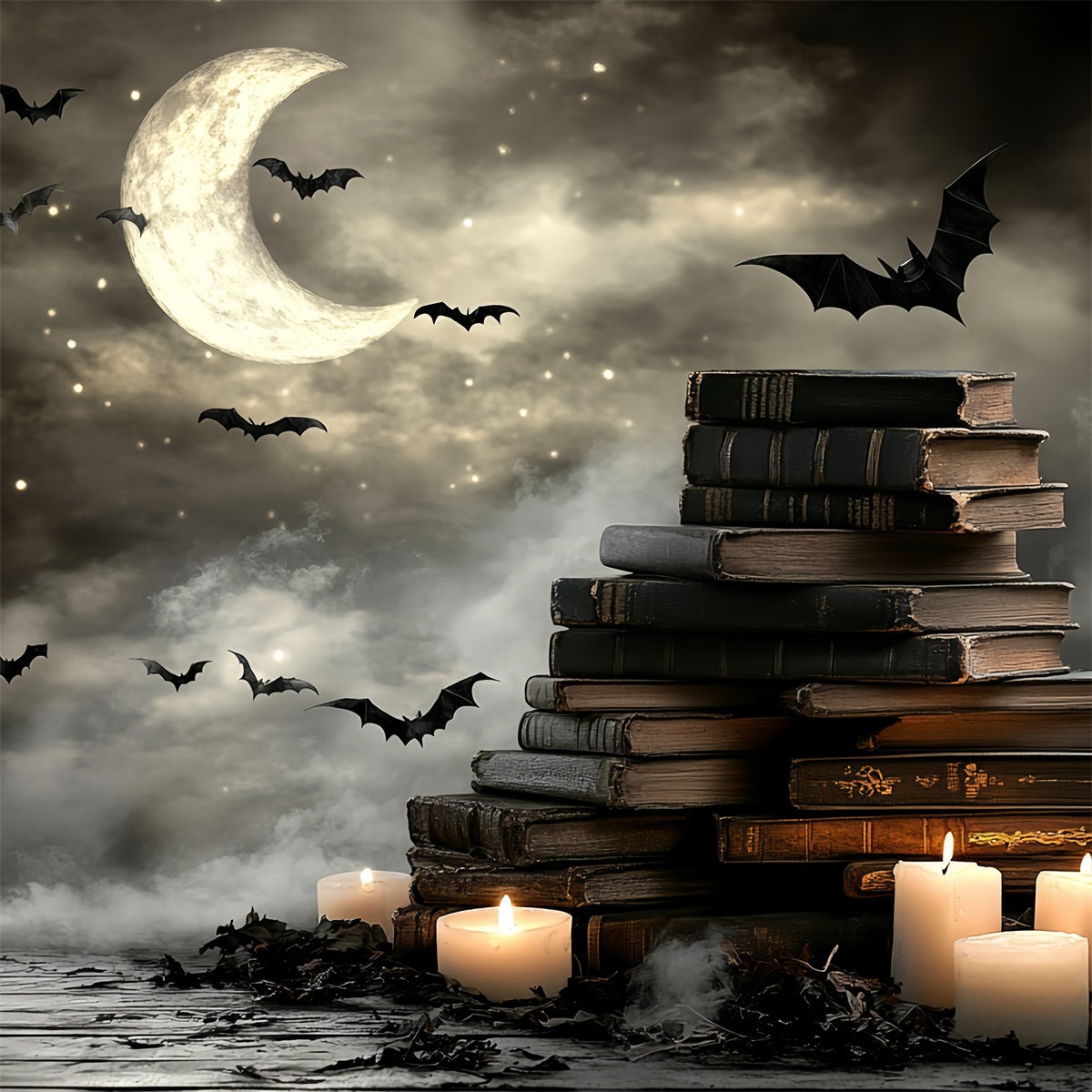 Nachthimmel-Fotohintergrund Mondsichel Fledermäuse Bücher Kerzen Halloween-Fotohintergrundbilder CSH58-86