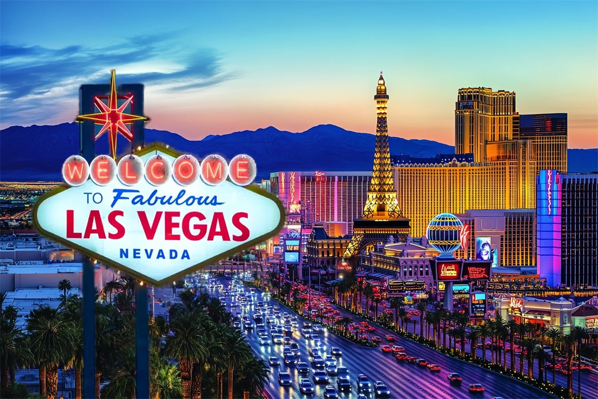 Las Vegas Backdrop Evening Sunset Paris Hotel Welcome to Fabulous Las Vegas Sign CSH58-9