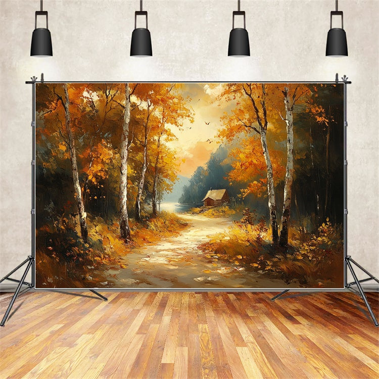 Wald Fotohintergrund Nebliges Seeufer Cottage Herbst Fotohintergrund CSH6-199