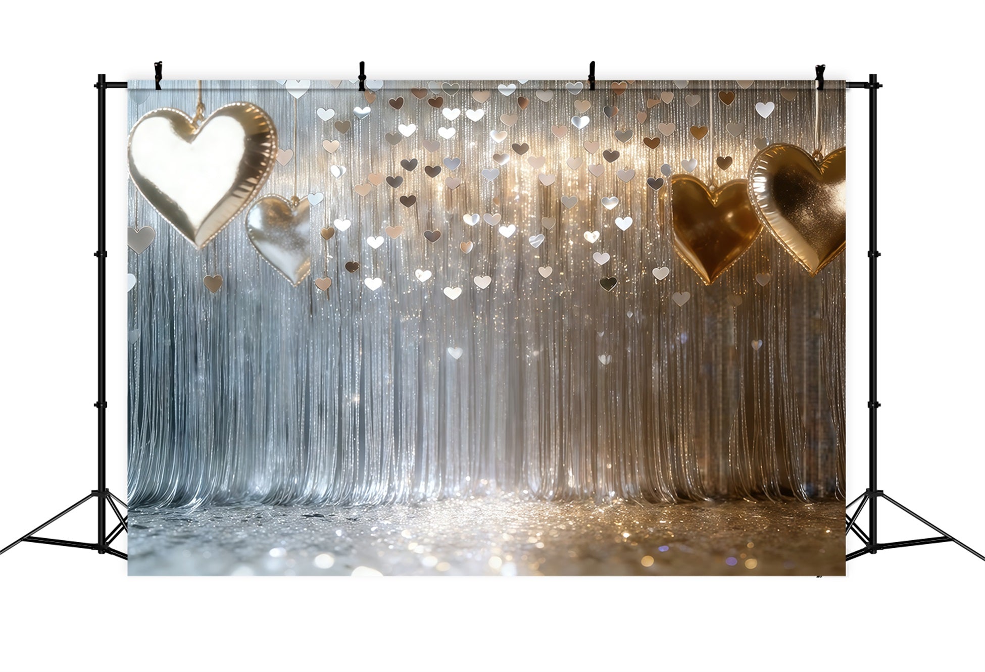 Glitzer-Valentinstag-Hintergrund Silberner Herz-Fransenvorhang Valentinstag-Hintergründe CSH61-103