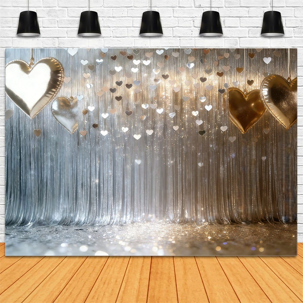 Glitzer-Valentinstag-Hintergrund Silberner Herz-Fransenvorhang Valentinstag-Hintergründe CSH61-103