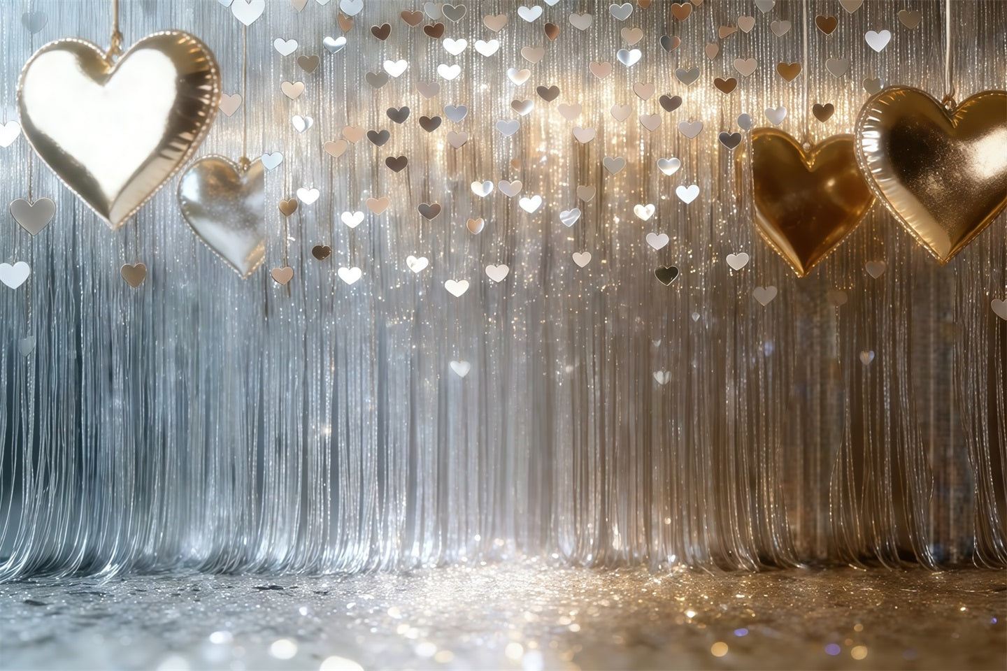 Glitzer-Valentinstag-Hintergrund Silberner Herz-Fransenvorhang Valentinstag-Hintergründe CSH61-103