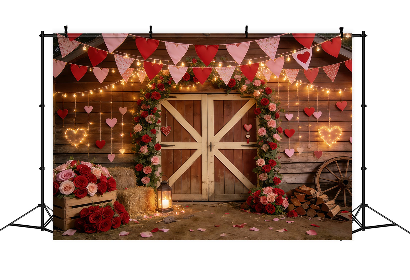 Rustikaler Bauernhof-Valentinstag-Hintergrund Scheune Herzgirlande Valentinstag-Hintergrund CSH61-106