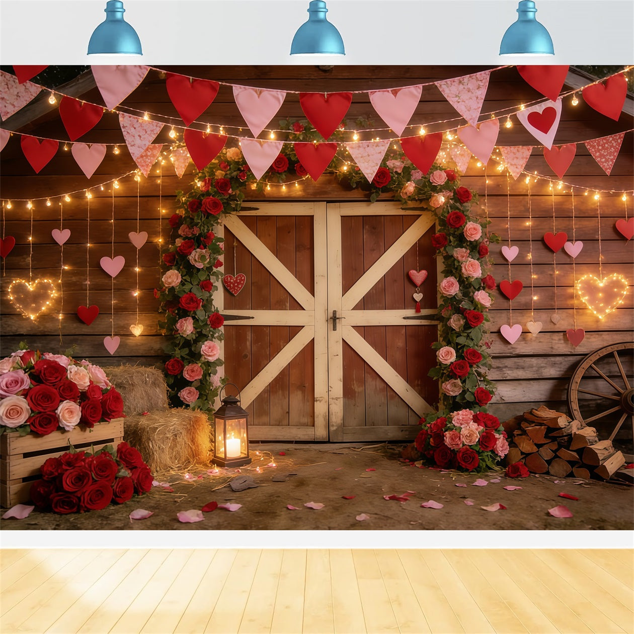 Rustikaler Bauernhof-Valentinstag-Hintergrund Scheune Herzgirlande Valentinstag-Hintergrund CSH61-106