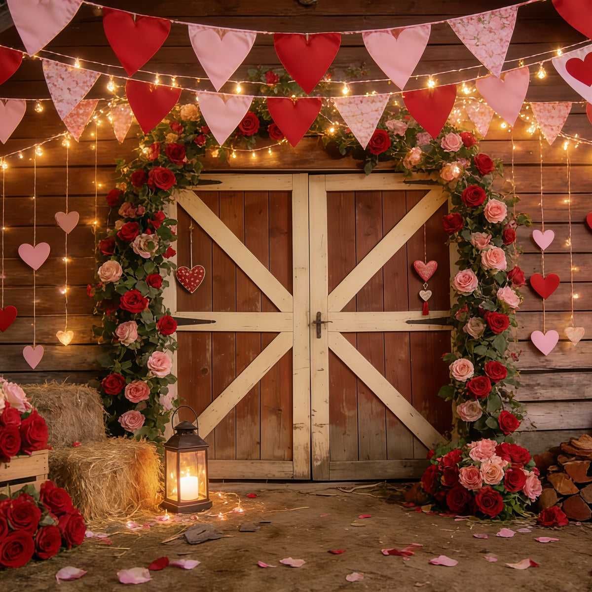 Rustikaler Bauernhof-Valentinstag-Hintergrund Scheune Herzgirlande Valentinstag-Hintergrund CSH61-106