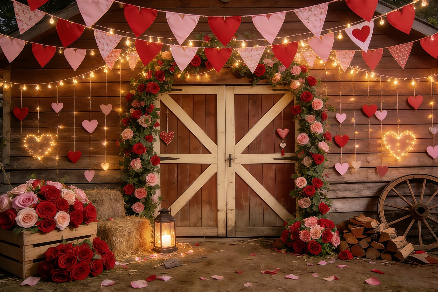 Rustikaler Bauernhof-Valentinstag-Hintergrund Scheune Herzgirlande Valentinstag-Hintergrund CSH61-106