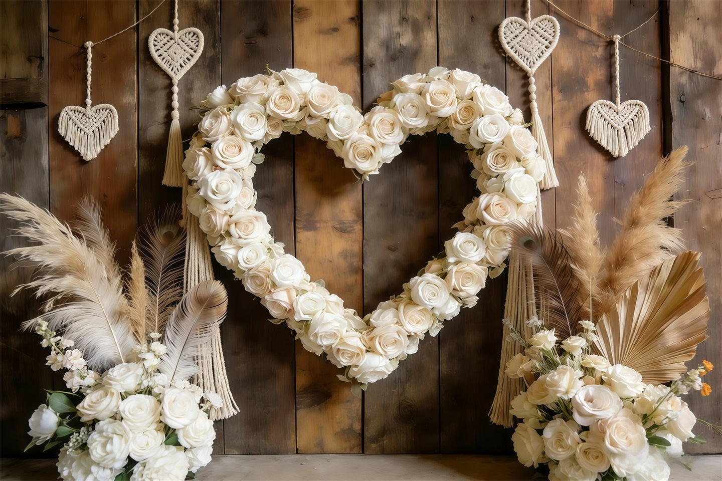 Boho-Blumen-Valentinstag-Hintergrund Weißer Rosen-Herz-Bogen Valentinstag-Hintergrund CSH61-108