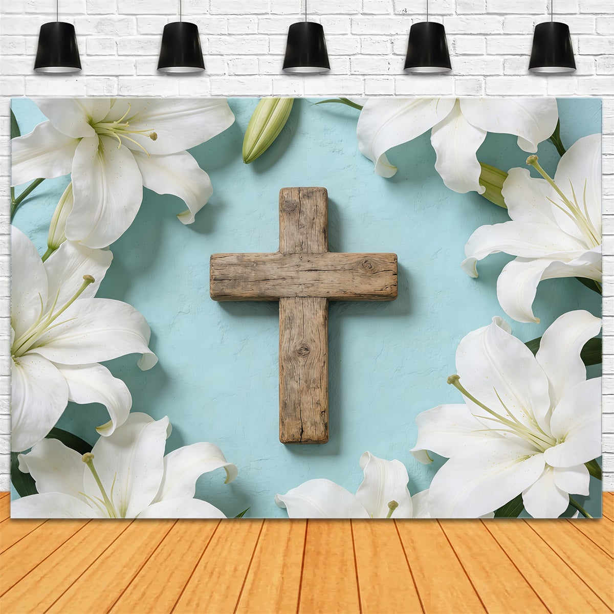 Osterkirche-Fotohintergrund Blumenkreuz Lilie Flacher Osterhintergrund für Fotos CSH61-11