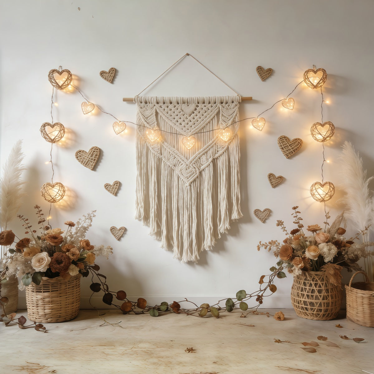 Boho-Blumen-Hintergrund zum Valentinstag Makramee-Herzgirlande Valentinstag-Hintergrund für Fotos CSH61-118