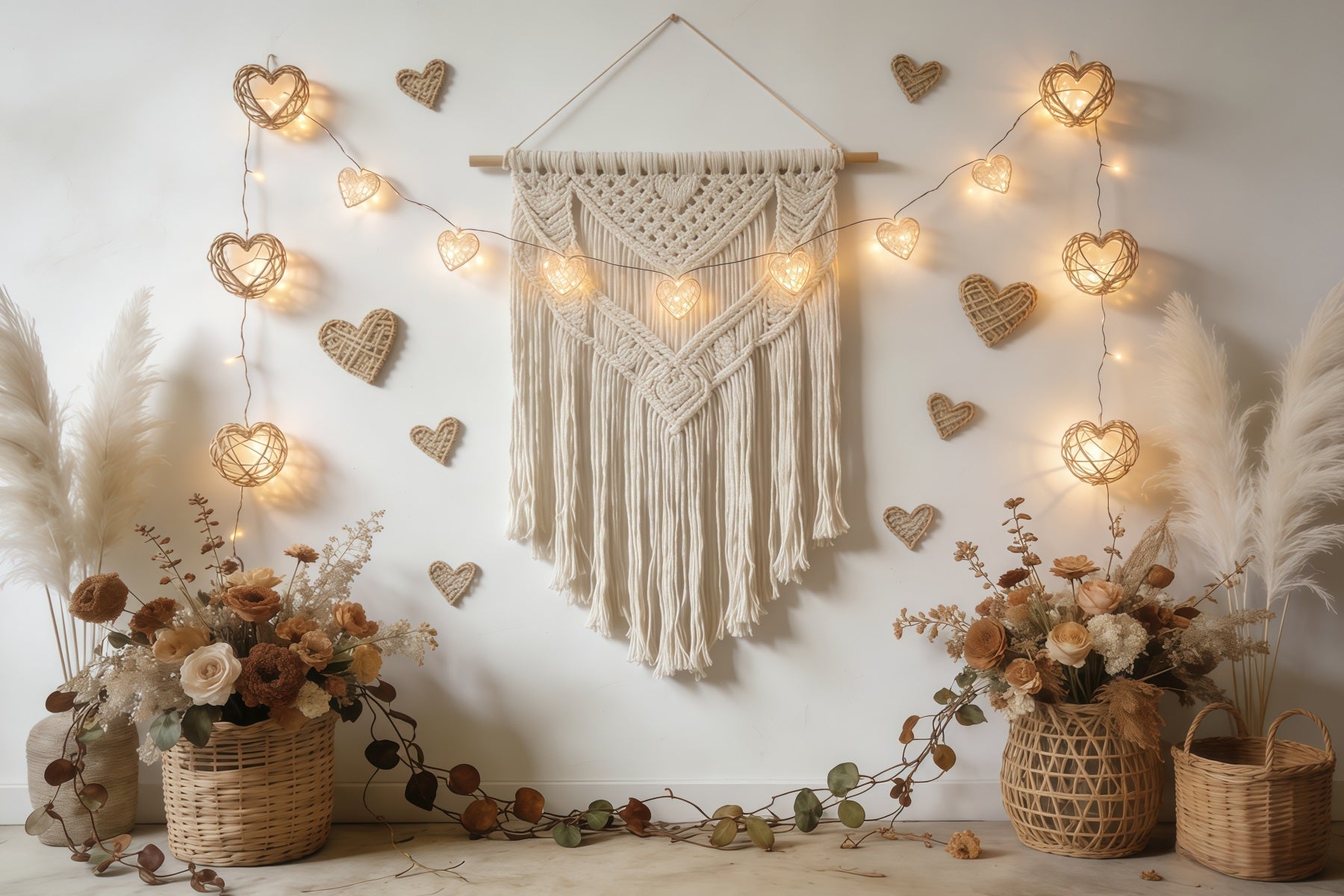 Boho-Blumen-Hintergrund zum Valentinstag Makramee-Herzgirlande Valentinstag-Hintergrund für Fotos CSH61-118