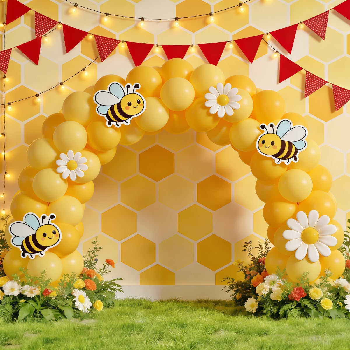 Honigbienen-Hintergrund Waben-Gänseblümchen-Ballonbogen Fotografie-Hintergründe Frühling CSH61-122