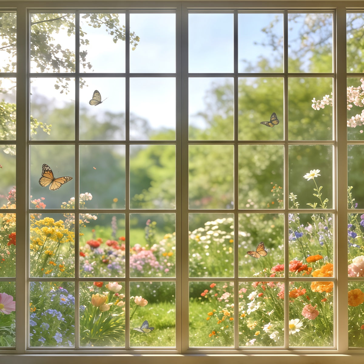Frühlingsgarten-Hintergrund Sonnenbeschienenes Fenster Schmetterlingsblick-Hintergründe Blumen CSH61-124