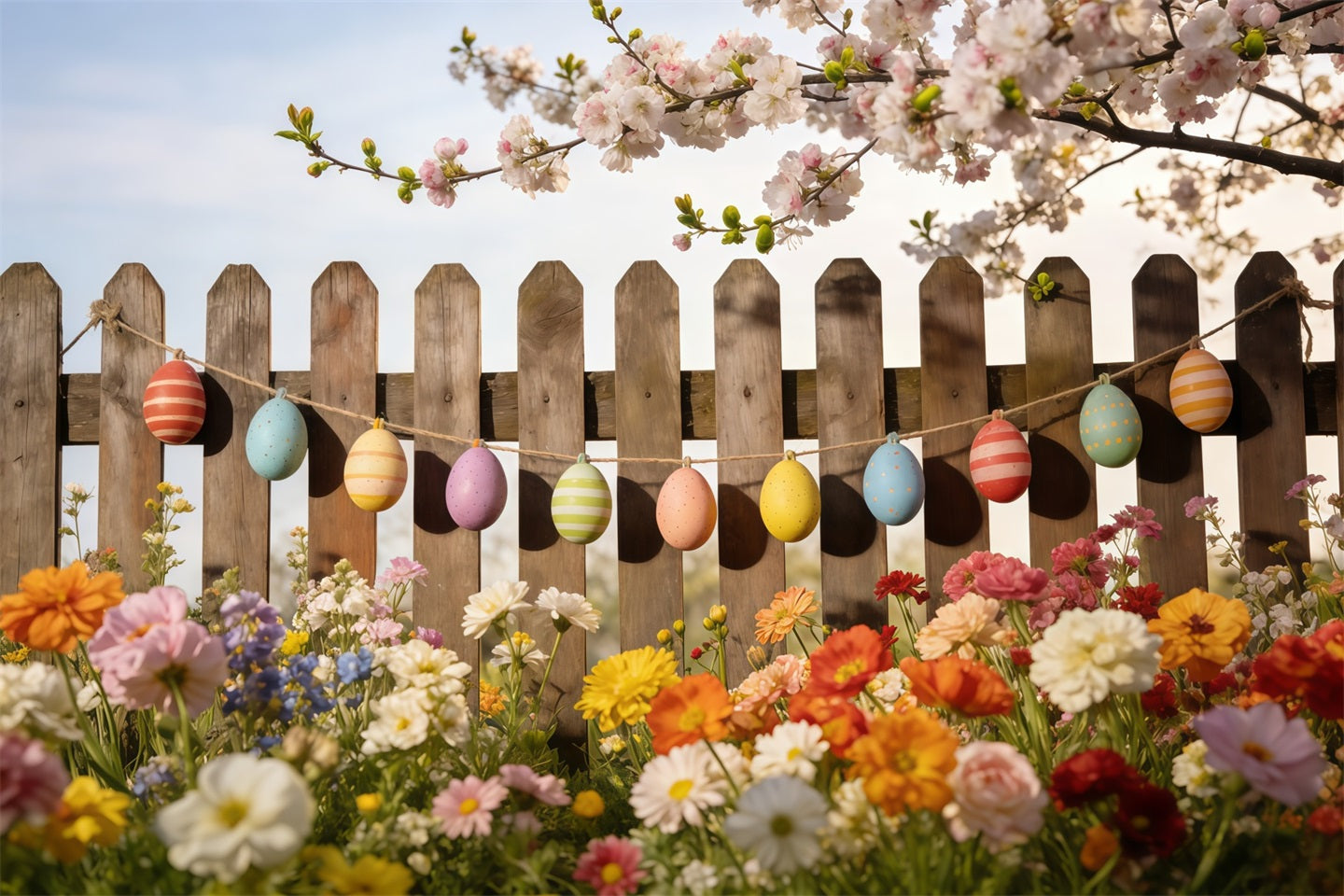 Frühlings-Osterhintergrund Bemalte Eier Gartenzaun Frühlings-Fotokabinenhintergrund CSH61-131