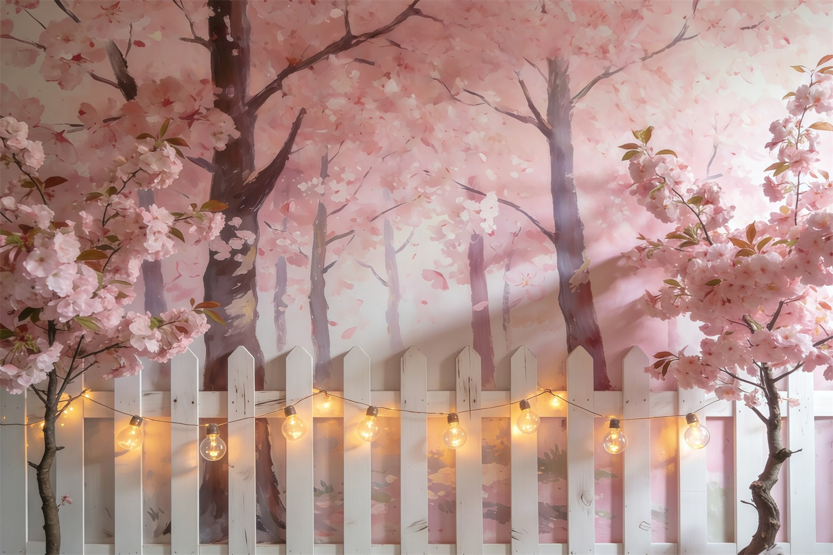 Kirschblüten-Hintergrund Rosa Blütenbäume Weißer Zaun Fotografie Frühlingshintergrund CSH61-139