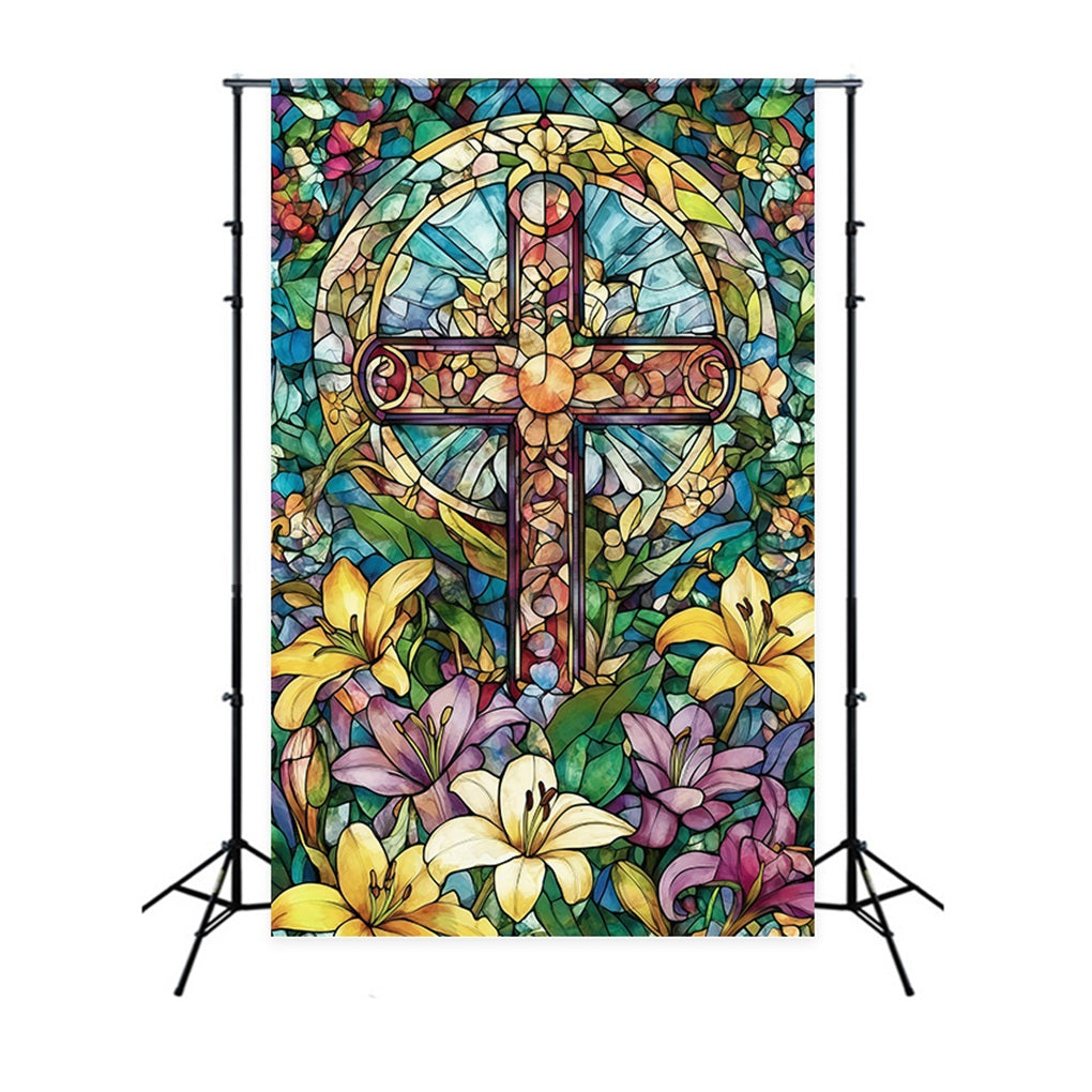 Buntglasfenster-Hintergrund Blumenkreuz Kirche Gotische Osterhintergründe CSH61-14