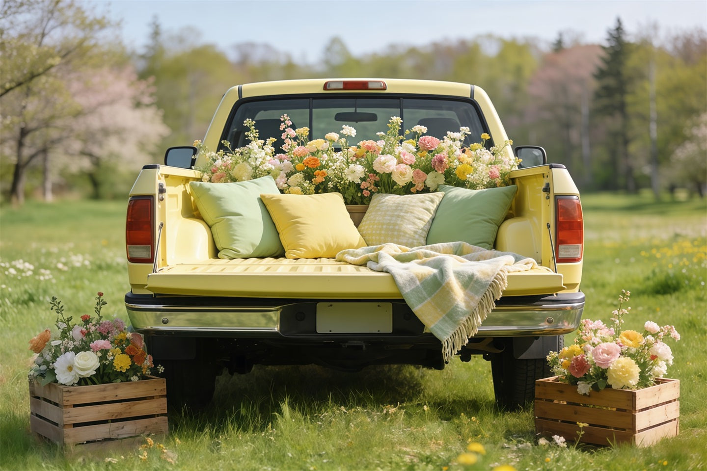 Ideen für Picknick-Hintergründe Vintage Gelber Lastwagen Blüten Günstige Frühlingsfotografie-Hintergründe CSH61-146