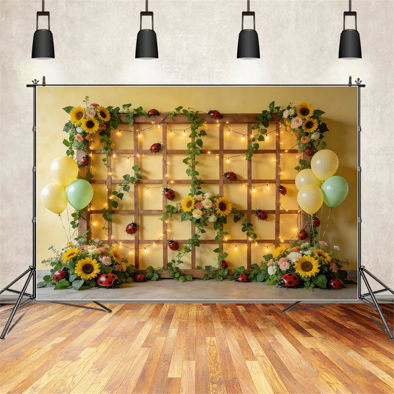 Marienkäfer-Fotohintergrund Sonnenblumen-Spalier Ballonlichter Frühlings-Fotohintergrund CSH61-149
