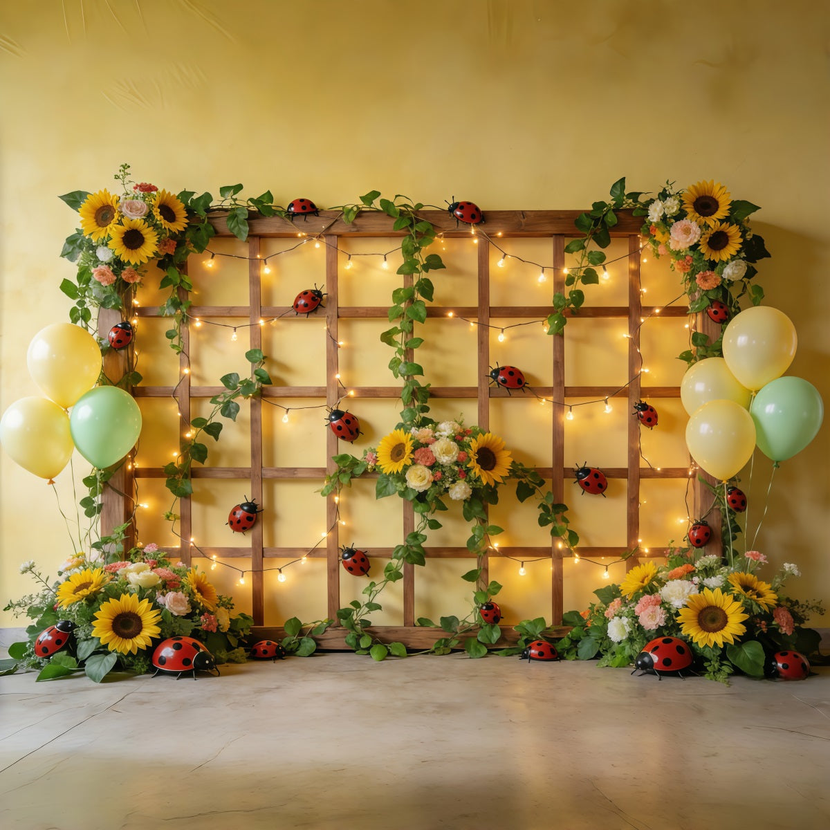 Marienkäfer-Fotohintergrund Sonnenblumen-Spalier Ballonlichter Frühlings-Fotohintergrund CSH61-149