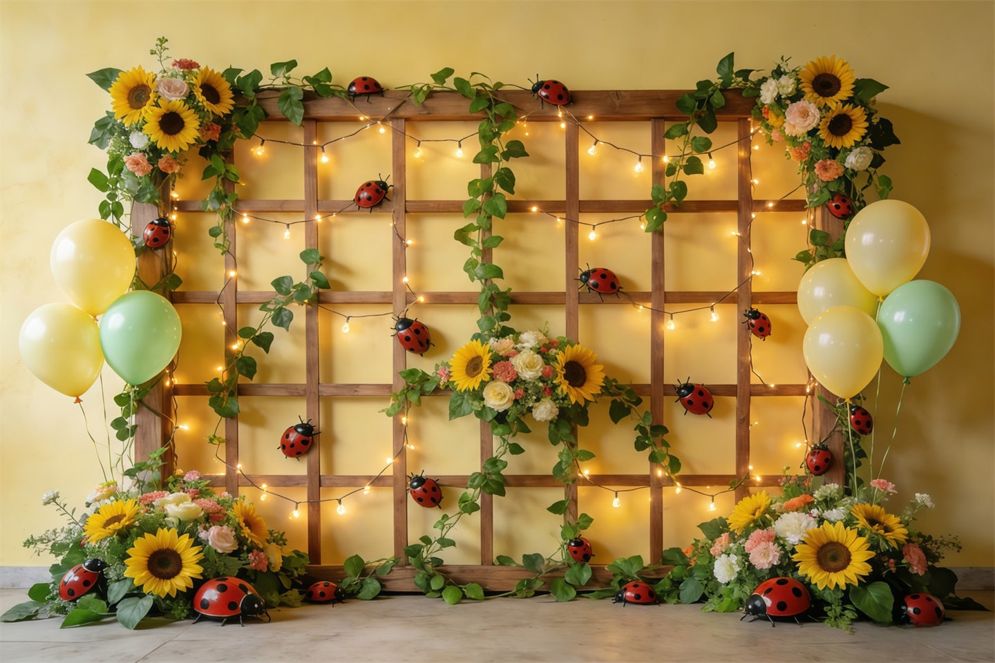 Marienkäfer-Fotohintergrund Sonnenblumen-Spalier Ballonlichter Frühlings-Fotohintergrund CSH61-149
