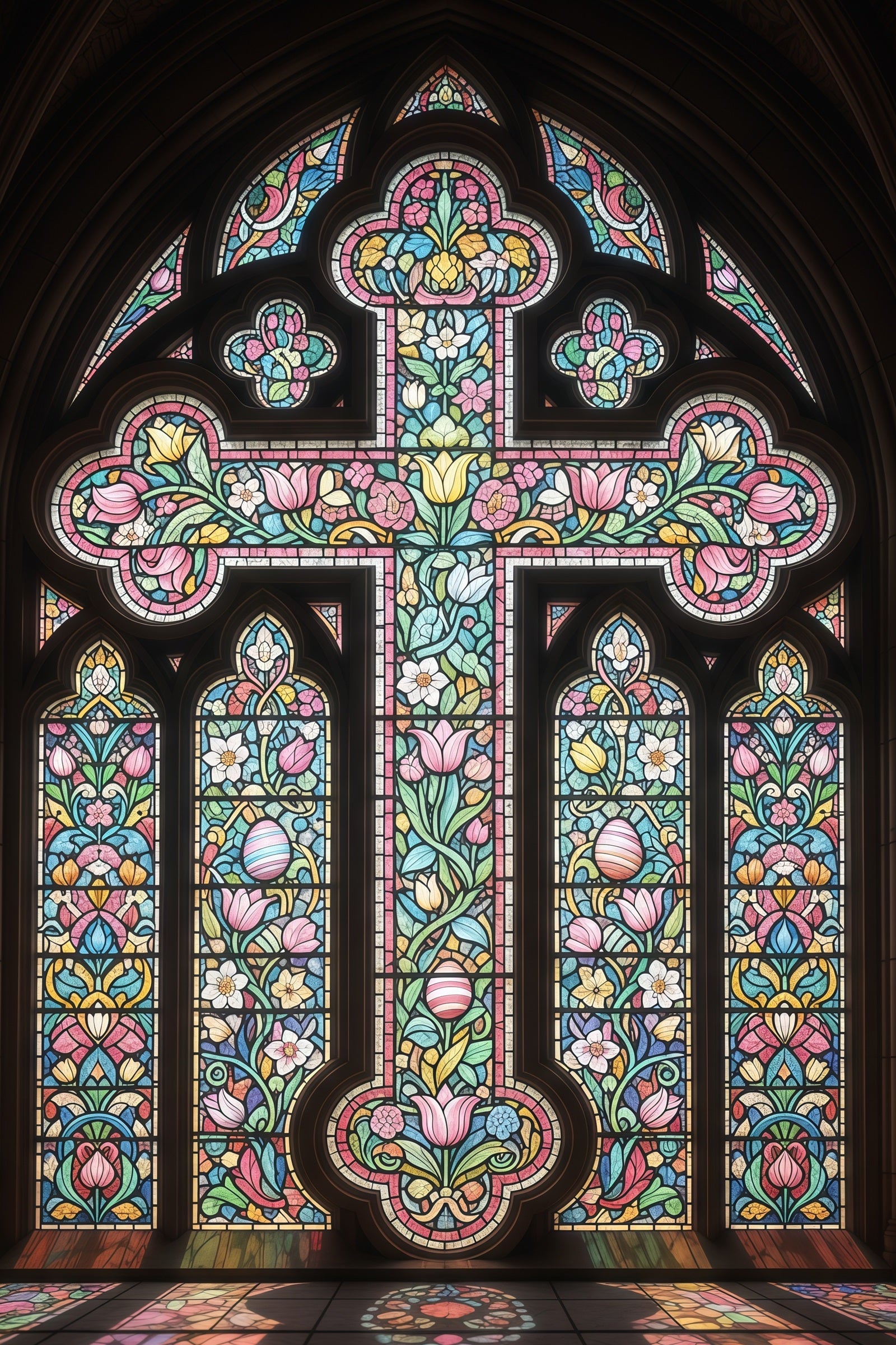 Buntglasfenster-Hintergrund Kathedrale Kreuz Verziert Gotisch Osterhintergründe CSH61-15