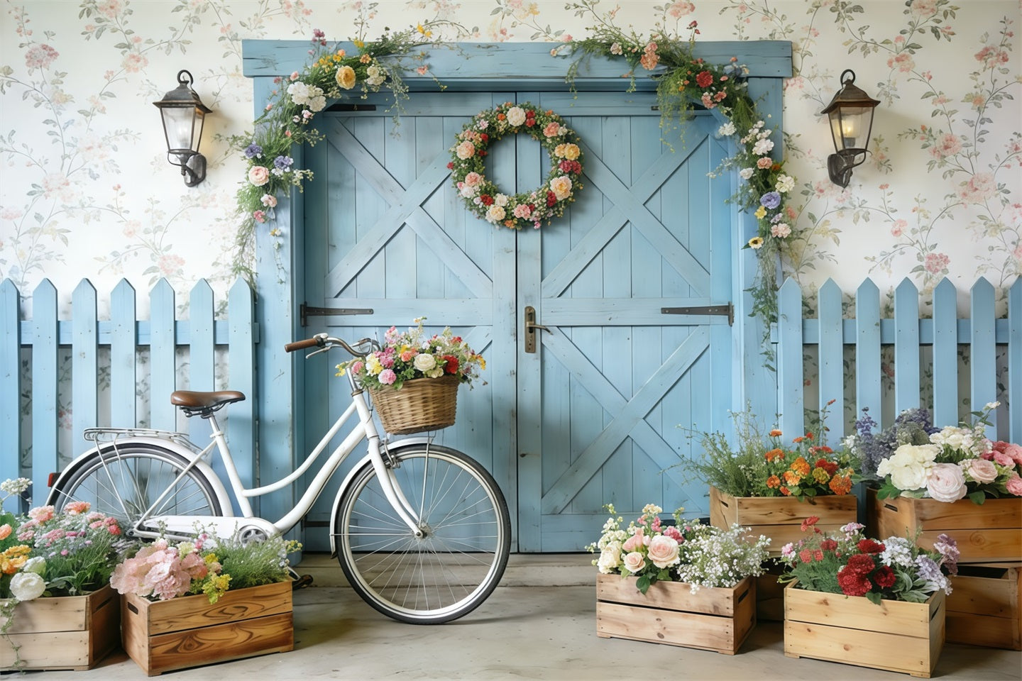 Fahrrad-Hintergrund Blaue Scheunentür Fahrrad Blüten Frühlingshintergründe CSH61-152