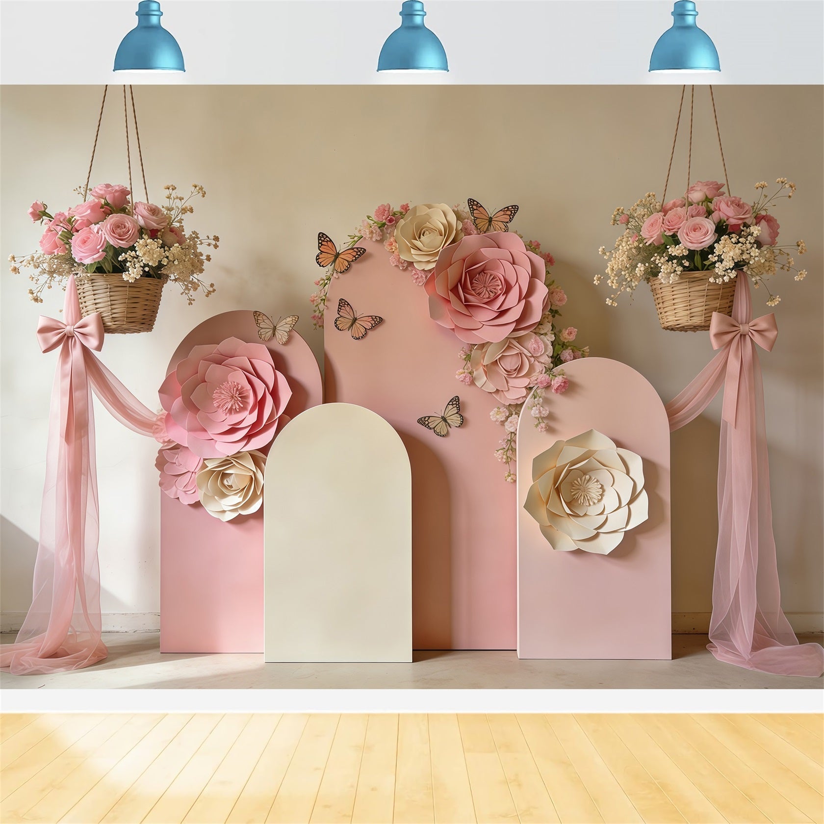 Frühlingshintergrund mit Papierblumen, rosafarbenem Blumenbogen und Schleifen, Fotohintergrund mit Blumenmuster CSH61-162