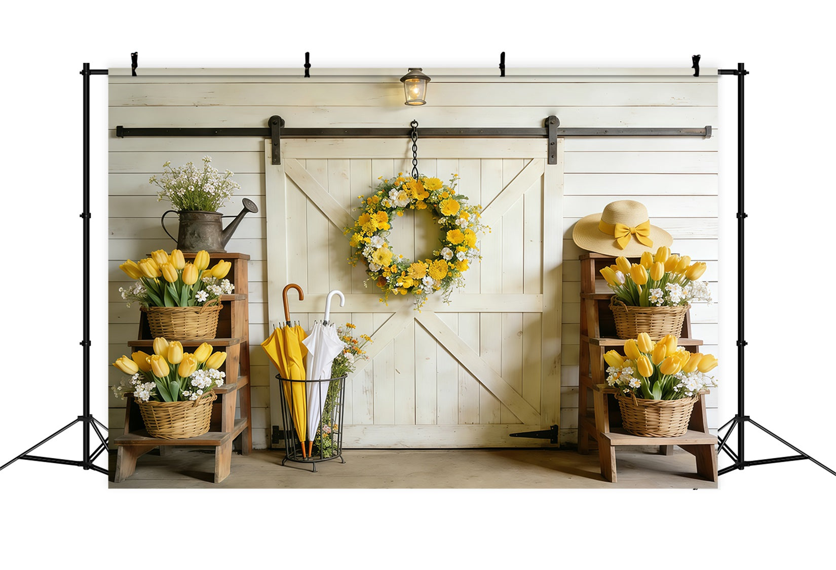 Frühlingshintergrund mit Scheunentor, gelben Tulpen und Scheunentor, Ideen für Frühlingsfotohintergründe CSH61-163