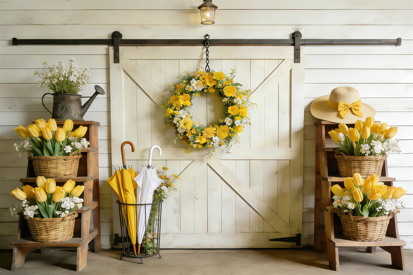 Frühlingshintergrund mit Scheunentor, gelben Tulpen und Scheunentor, Ideen für Frühlingsfotohintergründe CSH61-163