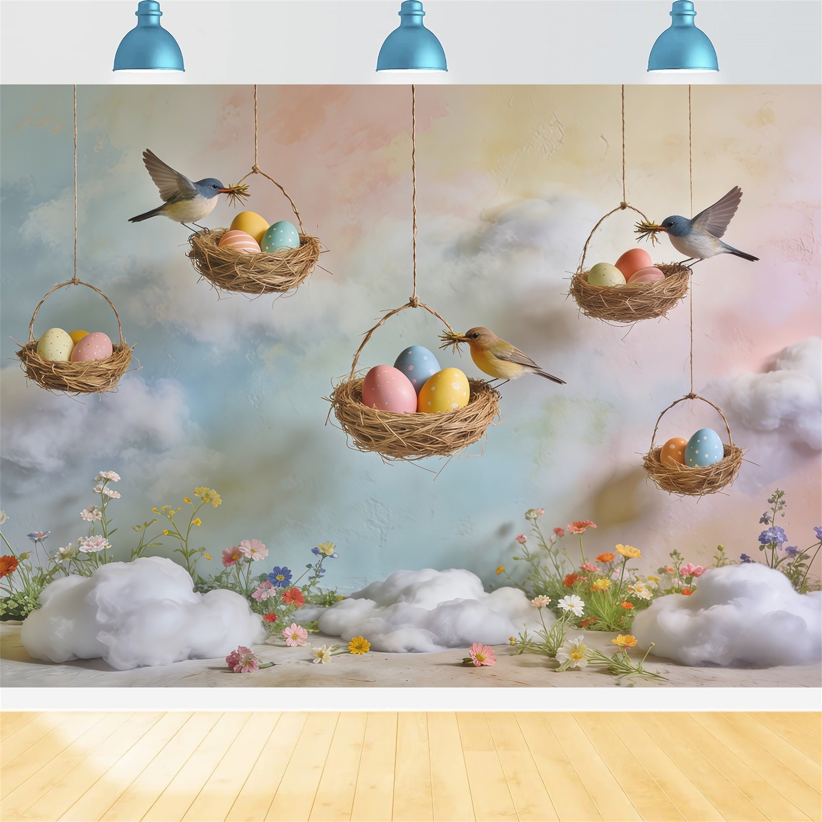 Frühlingshintergrund mit Vogelnest, Eiernest, pastellfarbenem Himmel und Wildblumen, Frühlingshintergrund CSH61-164