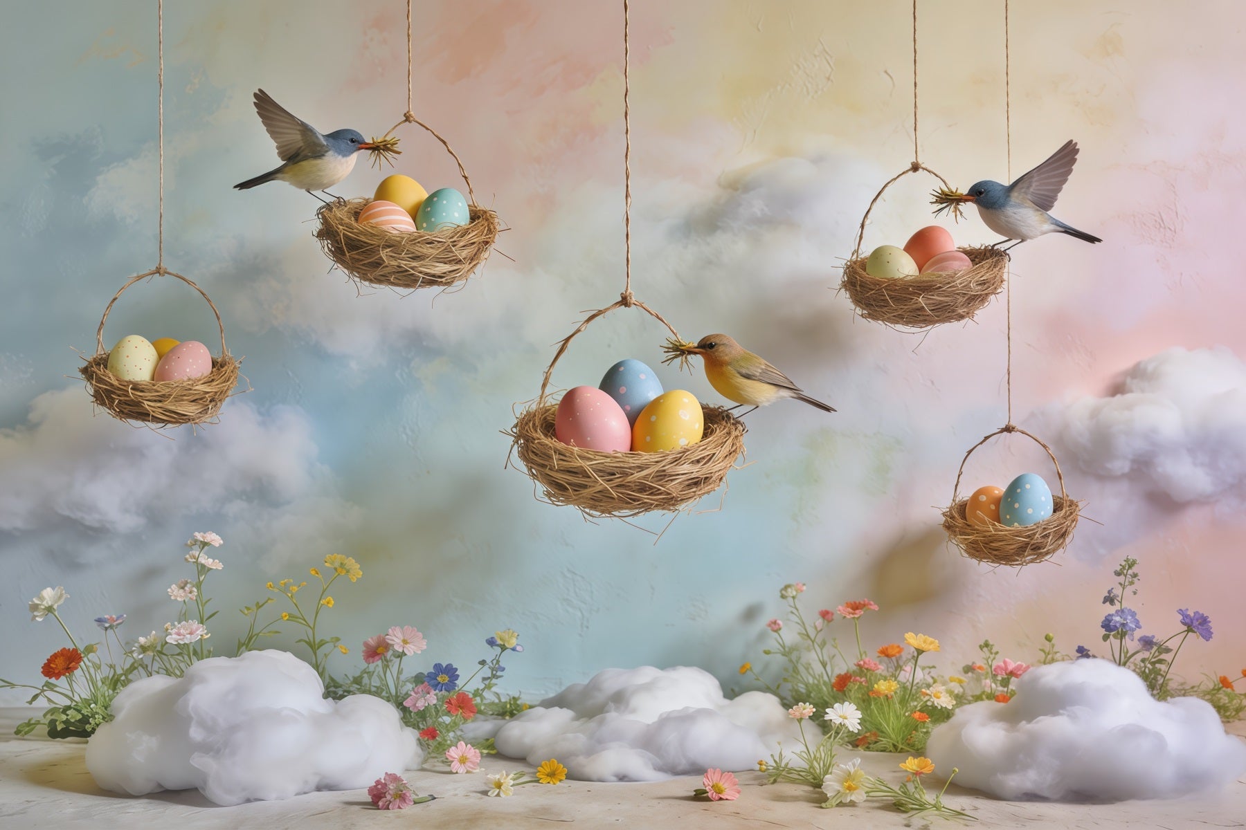 Frühlingshintergrund mit Vogelnest, Eiernest, pastellfarbenem Himmel und Wildblumen, Frühlingshintergrund CSH61-164