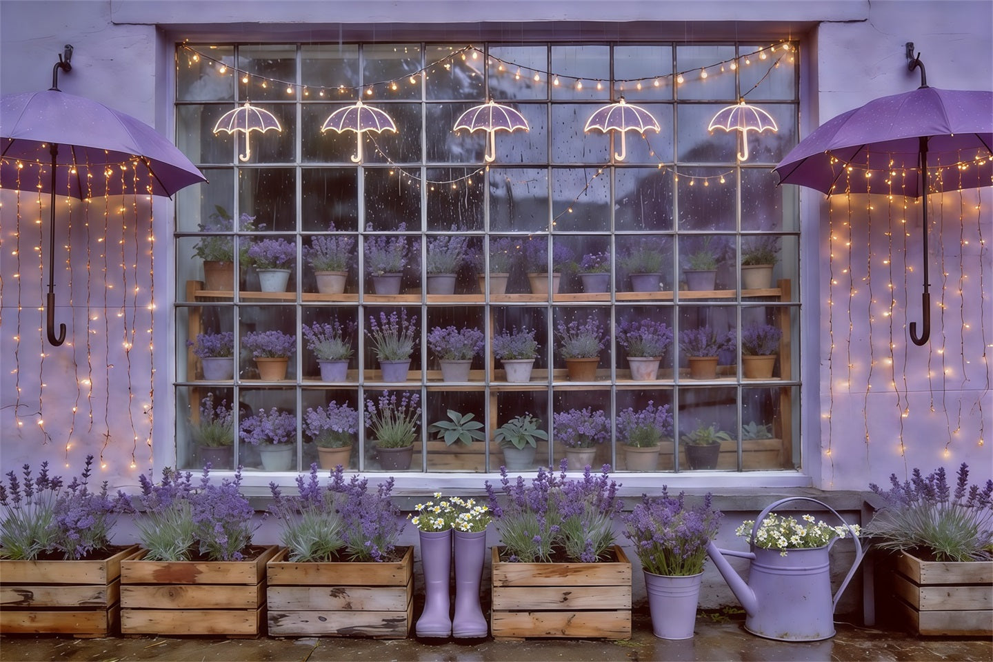 Frühlingsregenschirm und Gummistiefel-Hintergrund Lavendelgarten Fensterlichter Frühlingshintergrund CSH61-166