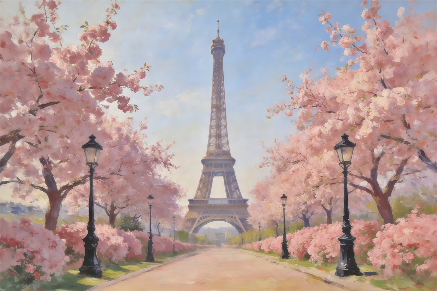 Frühlingsölgemälde-Hintergrund Paris Kirschblütenallee Foto-Hintergrund Frühling CSH61-167