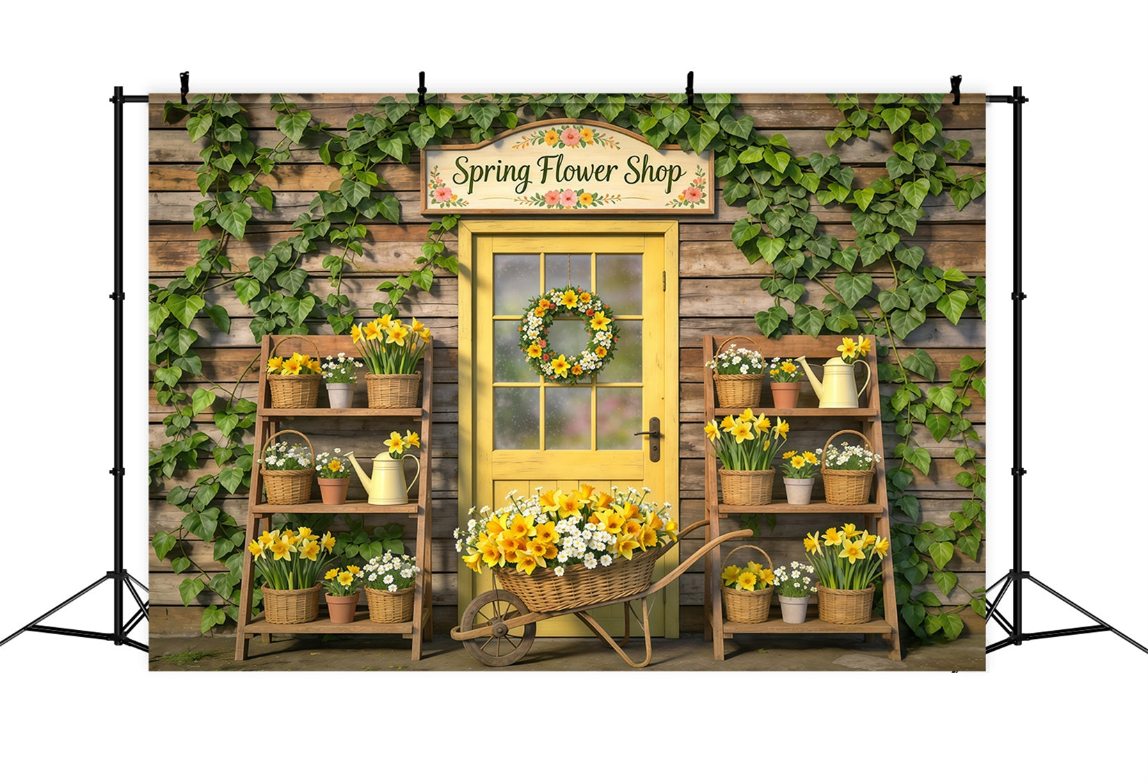 Frühlingsblumenladen-Hintergrund Gelbe Tür Blumenkörbe Frühlingsmotiv-Hintergrund CSH61-169