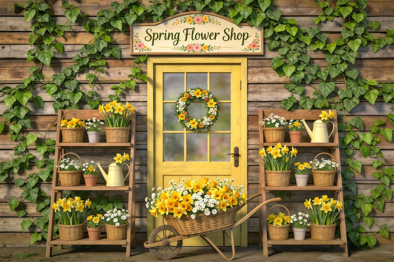 Frühlingsblumenladen-Hintergrund Gelbe Tür Blumenkörbe Frühlingsmotiv-Hintergrund CSH61-169